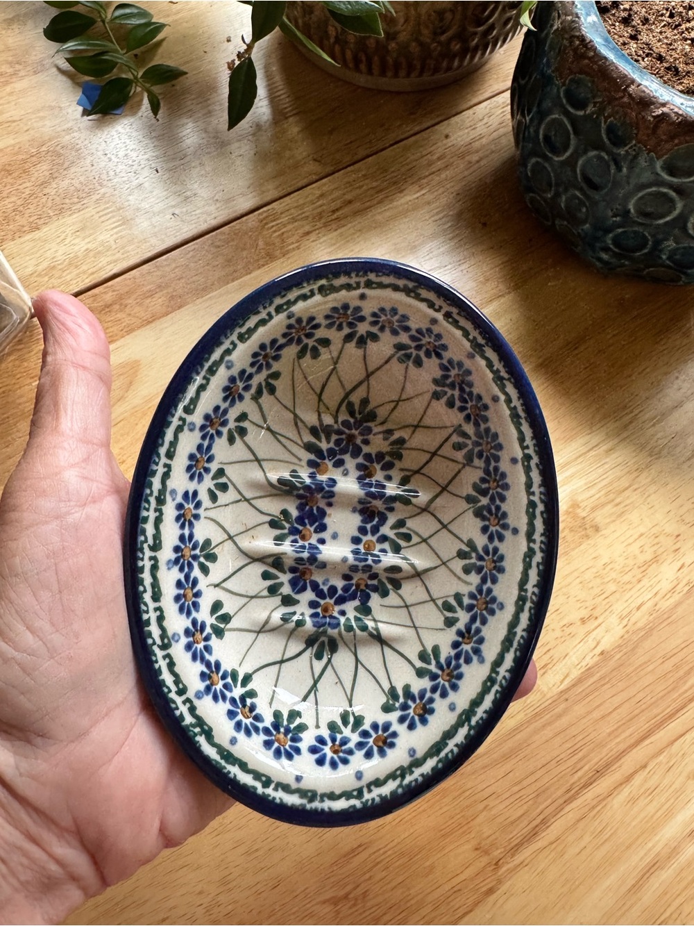 Unik Blue and Green Hand-Painted Oval Ceramic soap dish polish pottery - Picture 2 of 7